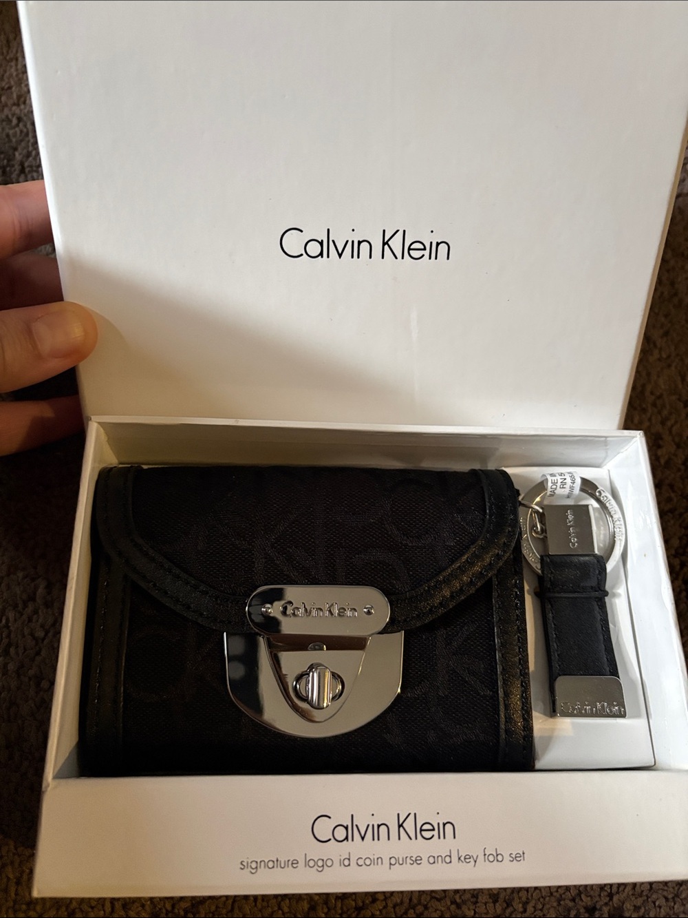 Calvin Klein Black Signature Logo Coin Purse and Key Fob Set